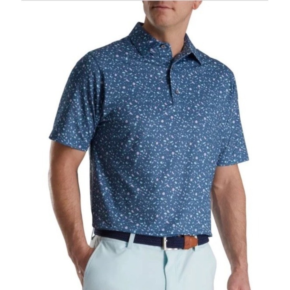 FootJoy Terrazzo Print Lisle Self Collar Golf Polo - Bluestone Size 2XL